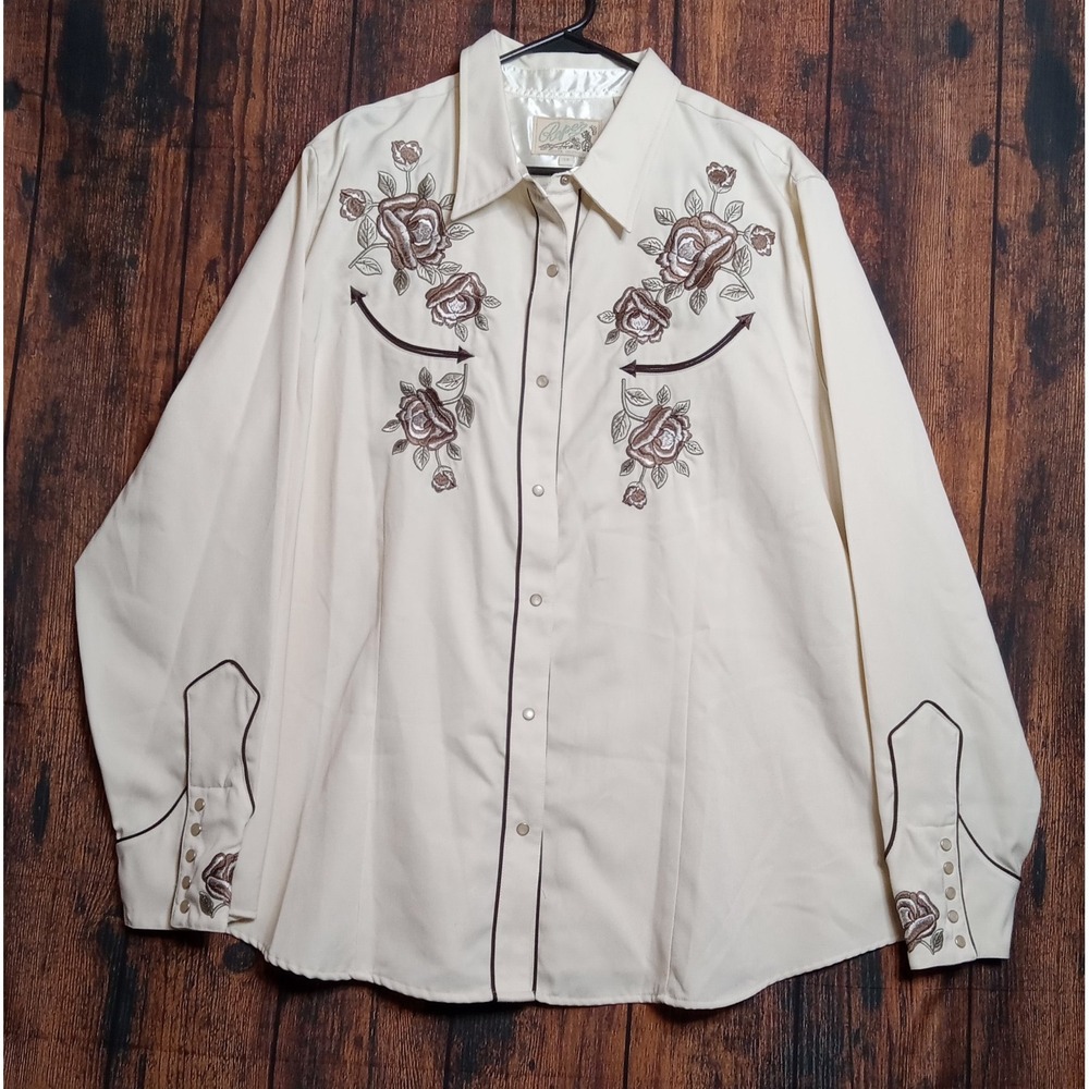 Roper Women's Pearl Snap Embroidered Long Sleeve Western Shirt 3X Cream